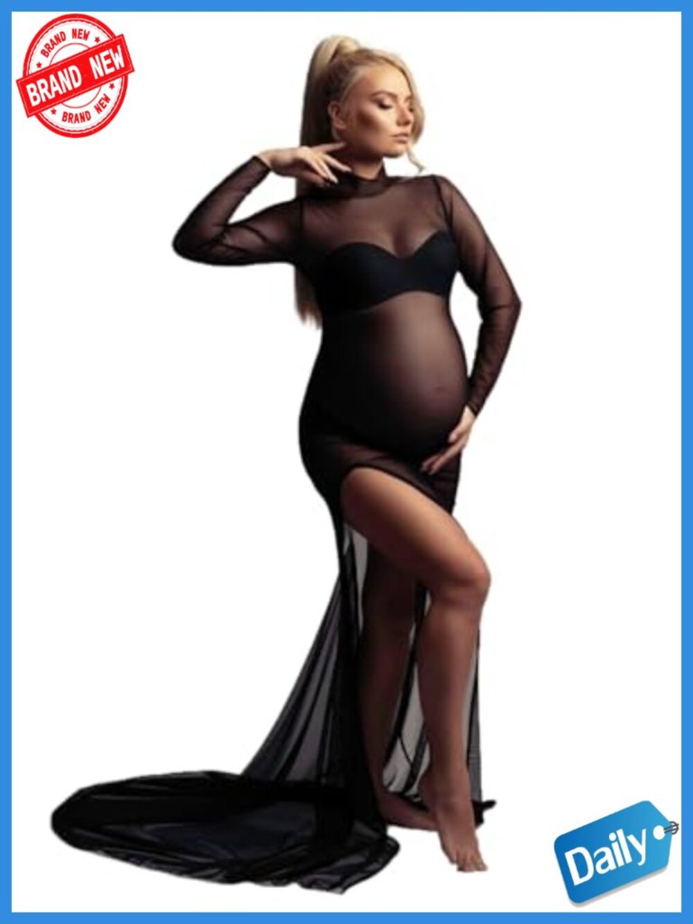 Maternity Maxi Dress Sheer Mesh Long Sleeve High Split Photoshoot